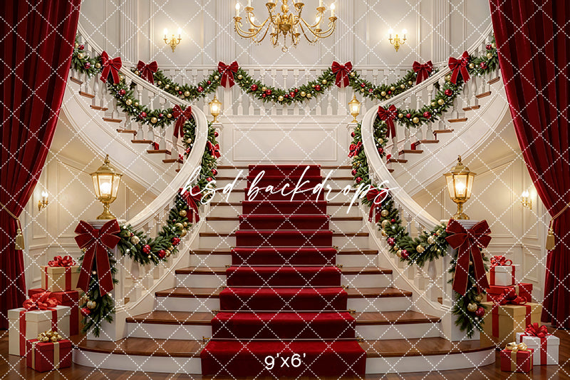 Grand Holiday Staircase Photography Backdrop – Elegant Christmas Portrait Scene | HSD Backdrops