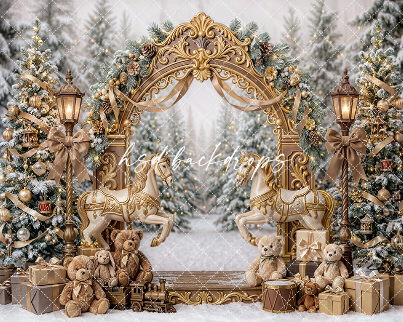 Snowy Carousel Arch Photography Backdrop – Storybook Holiday Portrait Scene | HSD Backdrops