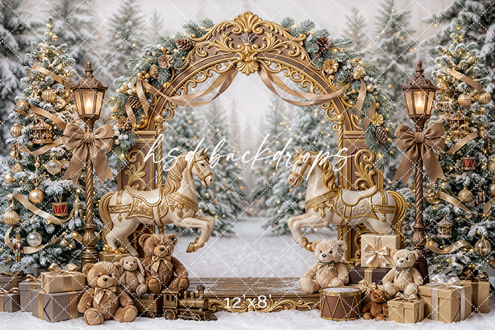 Snowy Carousel Arch Photography Backdrop – Storybook Holiday Portrait Scene | HSD Backdrops