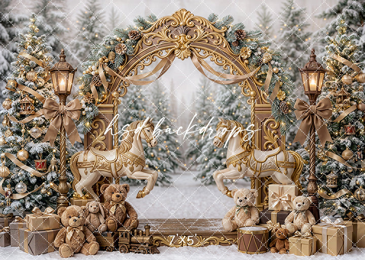 Snowy Carousel Arch photography backdrop with an ornate gold arch, carousel horses, snowy trees, lanterns, teddy bears, wrapped gifts, and festive holiday décor for portrait photography.