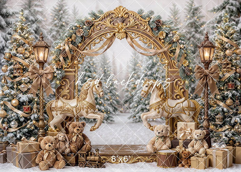 Snowy Carousel Arch Photography Backdrop – Storybook Holiday Portrait Scene | HSD Backdrops