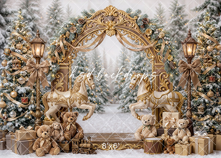 Snowy Carousel Arch Photography Backdrop – Storybook Holiday Portrait Scene | HSD Backdrops