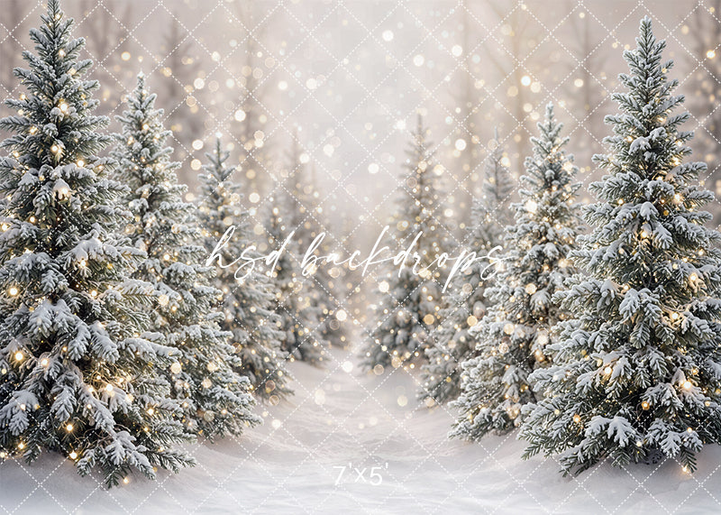 Winter Lighted Evergreens photography backdrop with snow-covered evergreen trees, soft glowing lights, and a peaceful winter path for holiday portrait photography.