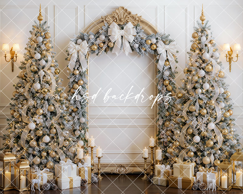 Champagne Snowfall Arch photography backdrop with a grand gold arch, frosted Christmas trees, champagne ornaments, candles, wrapped gifts, and elegant holiday décor for portrait photography.