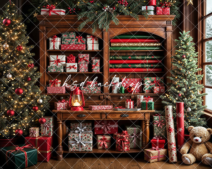 Santa’s Present Wrapping Workshop - Christmas Photography Backdrop (Flipped)