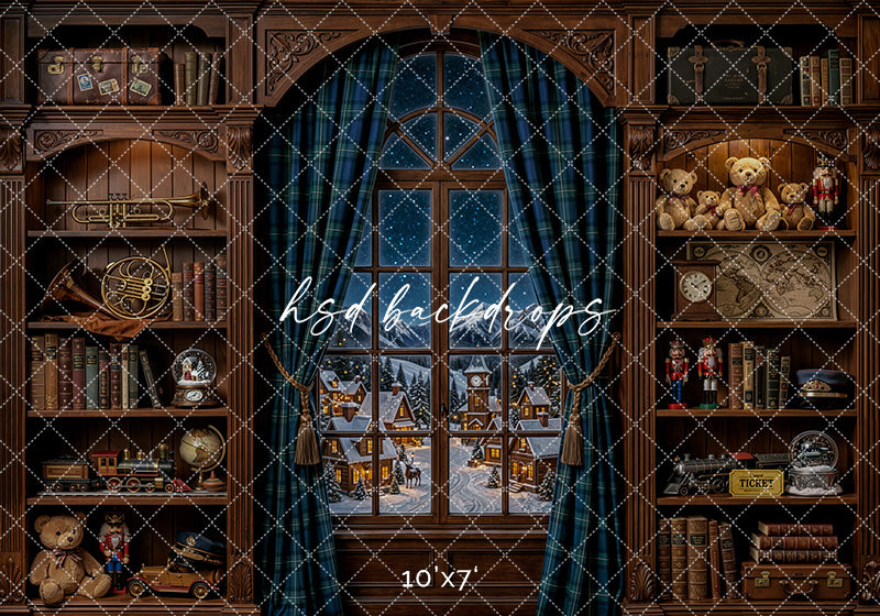 North Pole Express Window Photography Backdrop – Vintage Christmas Train Room | HSD Backdrops