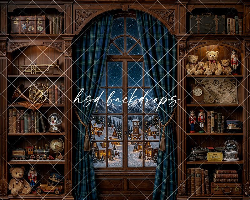 North Pole Express Window Photography Backdrop – Vintage Christmas Train Room | HSD Backdrops
