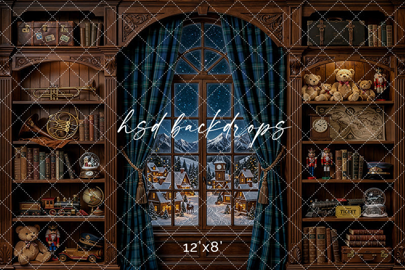 North Pole Express Window Photography Backdrop – Vintage Christmas Train Room | HSD Backdrops