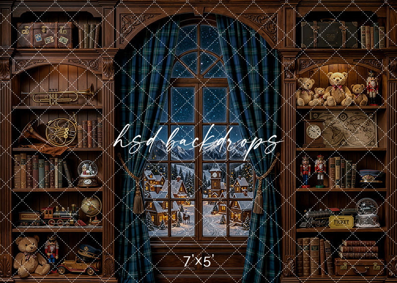 North Pole Express Window Photography Backdrop featuring a vintage Christmas train room with a snowy arched window, plaid curtains, antique bookshelves, toy trains, teddy bears, luggage accents, and cozy holiday decor.
