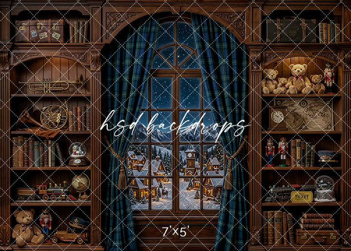 North Pole Express Window Photography Backdrop featuring a vintage Christmas train room with a snowy arched window, plaid curtains, antique bookshelves, toy trains, teddy bears, luggage accents, and cozy holiday decor.