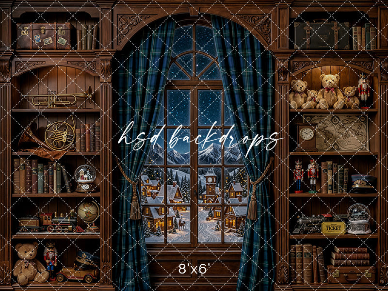 North Pole Express Window Photography Backdrop – Vintage Christmas Train Room | HSD Backdrops