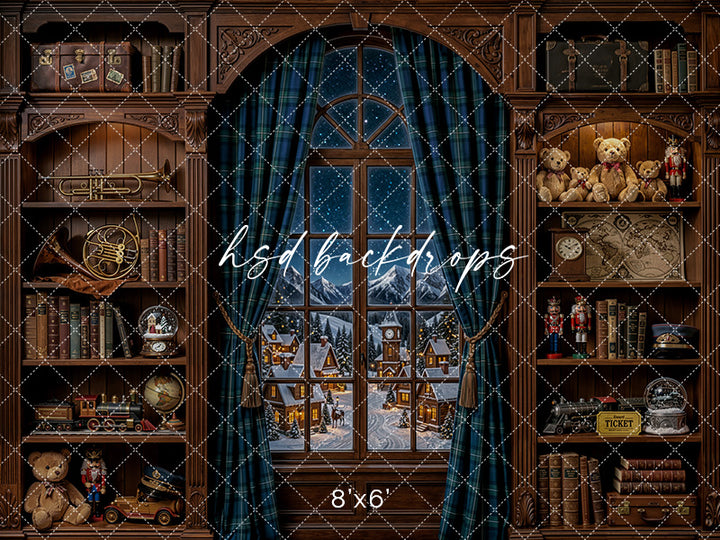 North Pole Express Window Photography Backdrop – Vintage Christmas Train Room | HSD Backdrops
