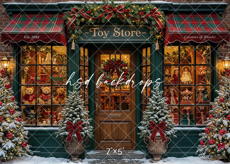Merry Toy Boutique photography backdrop with festive toy shop and snowy storefront details perfect for family portraits, Christmas minis, and whimsical seasonal studio sessions.