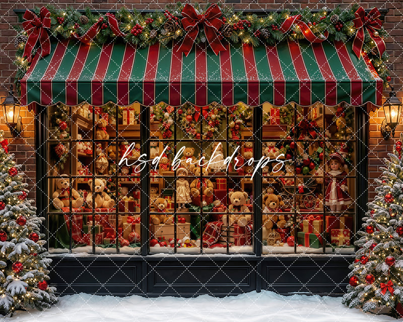 Crimson Stripe Toy Boutique Photography Backdrop – Charming Christmas Portrait Scene | HSD Backdrops