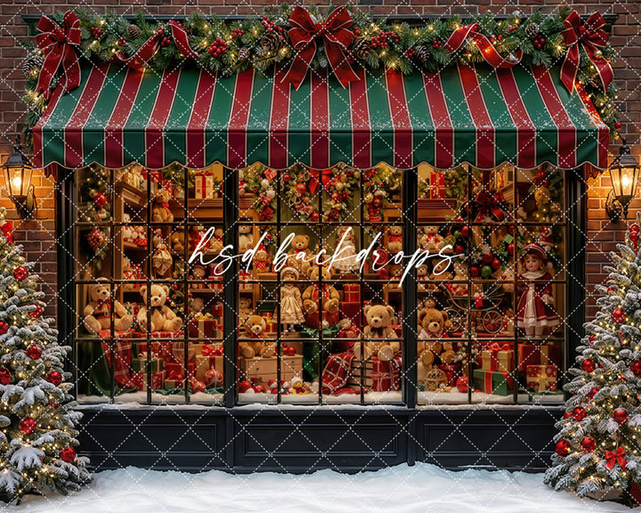Crimson Stripe Toy Boutique Photography Backdrop – Charming Christmas Portrait Scene | HSD Backdrops