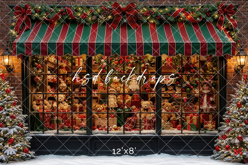 Crimson Stripe Toy Boutique Photography Backdrop – Charming Christmas Portrait Scene | HSD Backdrops