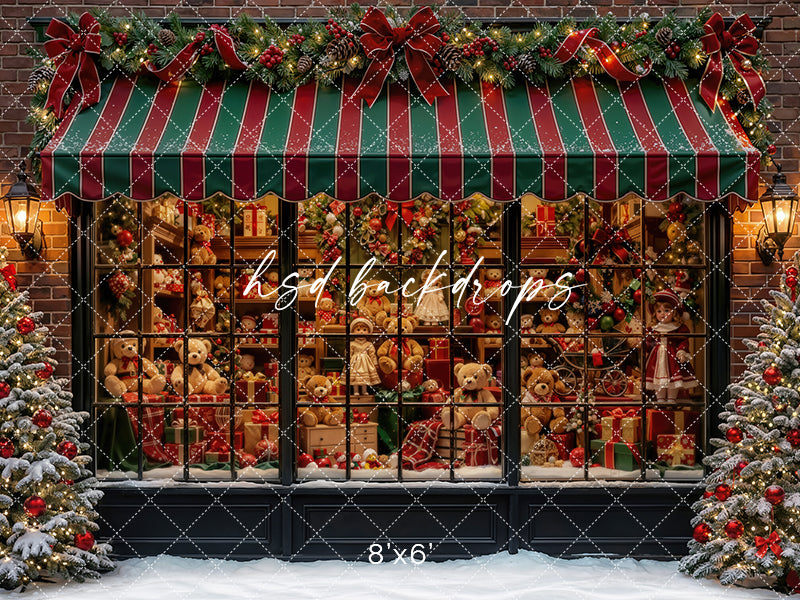 Crimson Stripe Toy Boutique Photography Backdrop – Charming Christmas Portrait Scene | HSD Backdrops