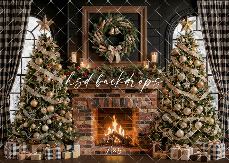 Noel Lodge Mantel photography backdrop with a brick fireplace, rich wood mantel, plaid curtains, decorated Christmas trees, candles, wreath, and festive holiday décor for portrait photography.