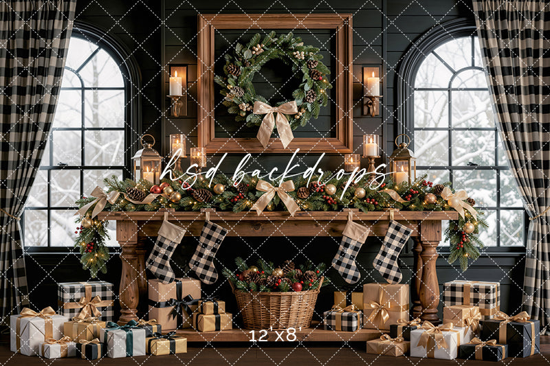 Lodge Window Table Photography Backdrop – Warm Holiday Portrait Scene | HSD Backdrops