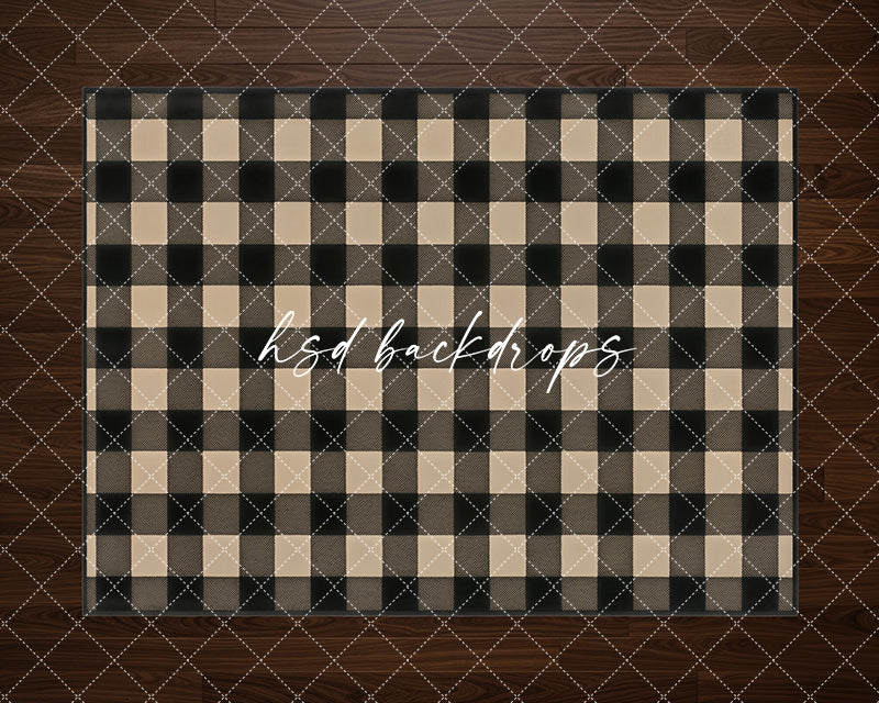 Buffalo Plaid Rug Photography Floor Mat featuring a black and cream buffalo check rug design layered over dark wood flooring for classic farmhouse Christmas portraits.