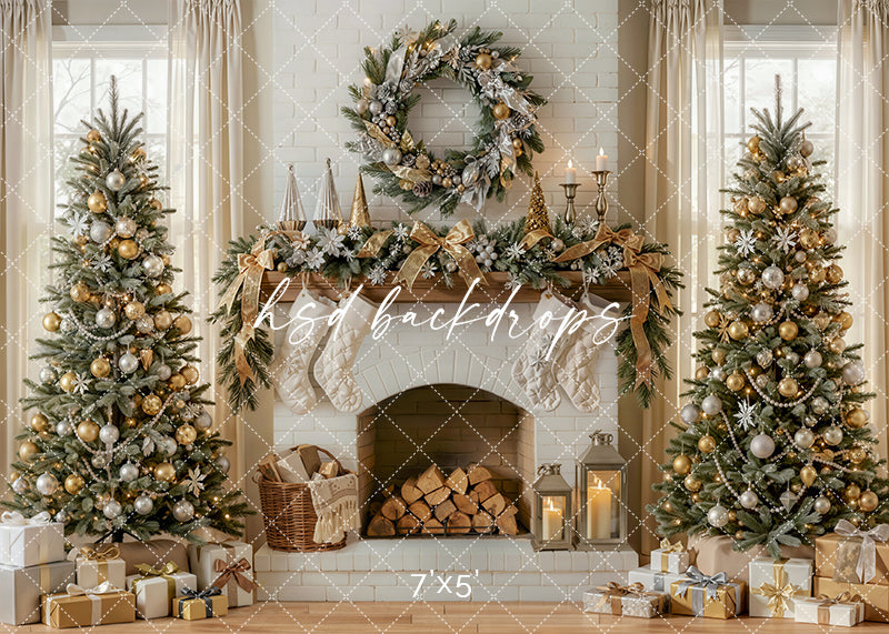 Ivory Noel Mantel photography backdrop with a white brick fireplace, frosted Christmas trees, wreath, garland, candles, lanterns, and wrapped gifts for holiday portrait photography.