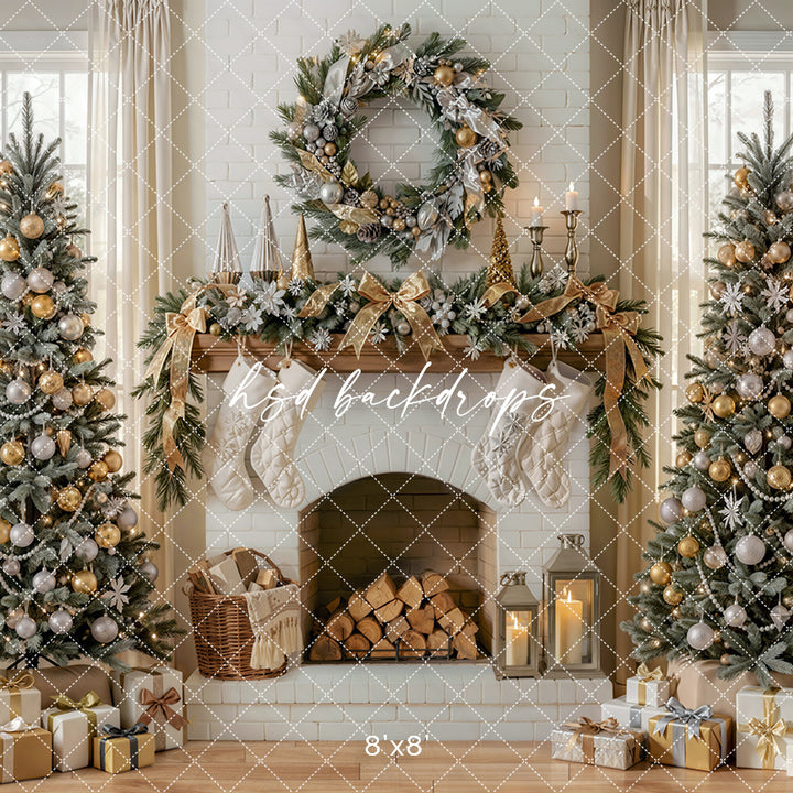 Ivory Noel Mantel Photography Backdrop – Graceful Seasonal Portrait Scene | HSD Backdrops