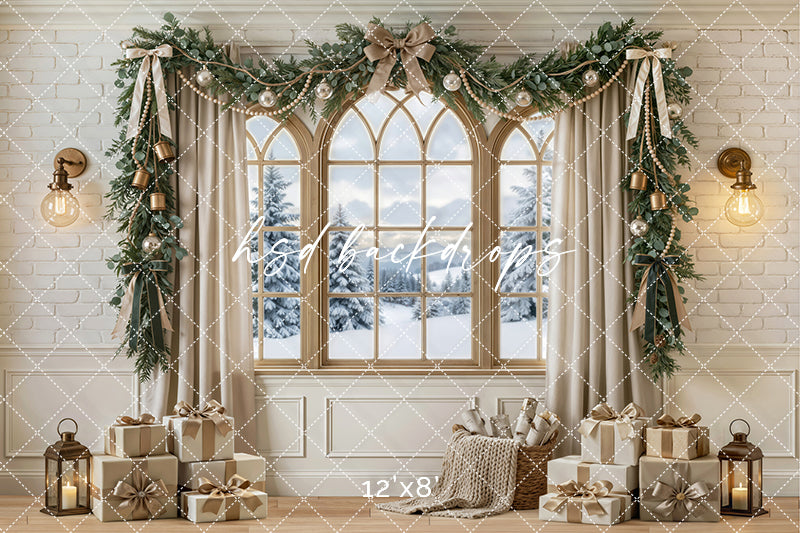 Ivory Bell Garland Window Photography Backdrop – Timeless Seasonal Portrait Scene | HSD Backdrops