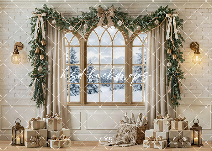 Ivory Bell Garland photography backdrop with elegant winter window décor perfect for family portraits, Christmas minis, and timeless seasonal studio sessions.