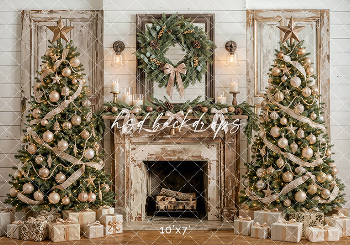 Frosted Farmhouse Fireplace Photography Backdrop – Elegant Christmas Portrait Scene | HSD Backdrops