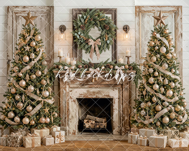 Frosted Farmhouse Fireplace Photography Backdrop – Elegant Christmas Portrait Scene | HSD Backdrops