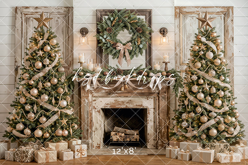 Frosted Farmhouse Fireplace Photography Backdrop – Elegant Christmas Portrait Scene | HSD Backdrops