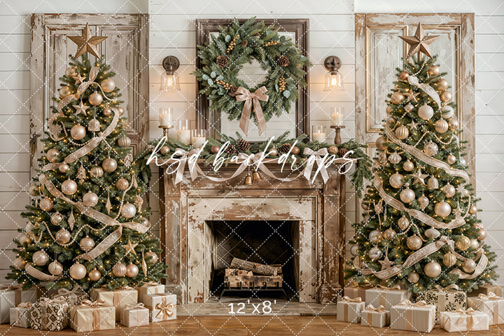 Frosted Farmhouse Fireplace Photography Backdrop – Elegant Christmas Portrait Scene | HSD Backdrops