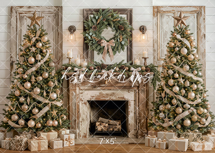 Frosted Farmhouse Fireplace photography backdrop with a distressed white mantel, frosted Christmas trees, wreath, candles, wrapped gifts, and soft farmhouse holiday décor for portrait photography.
