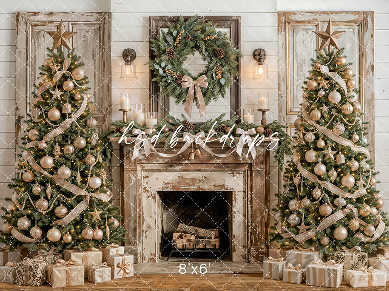 Frosted Farmhouse Fireplace Photography Backdrop – Elegant Christmas Portrait Scene | HSD Backdrops