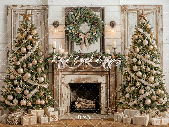 Frosted Farmhouse Fireplace Photography Backdrop – Elegant Christmas Portrait Scene | HSD Backdrops