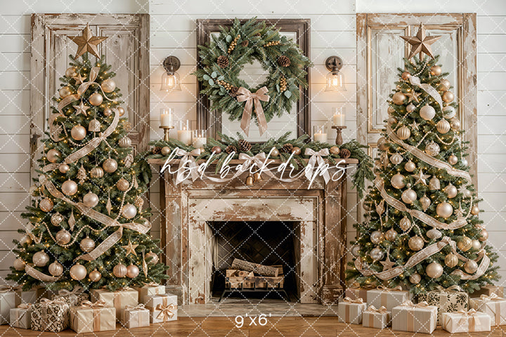 Frosted Farmhouse Fireplace Photography Backdrop – Elegant Christmas Portrait Scene | HSD Backdrops