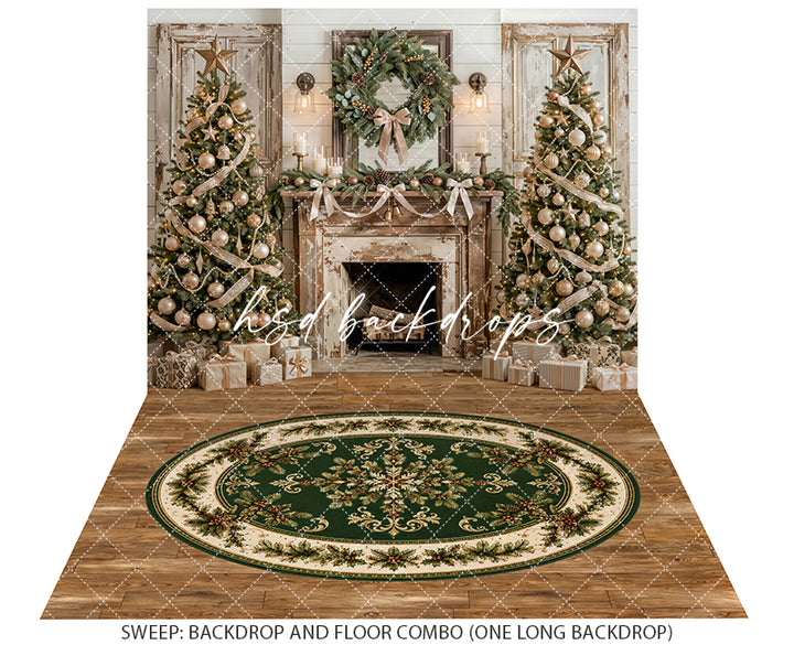 Frosted Farmhouse Fireplace Photography Backdrop – Elegant Christmas Portrait Scene | HSD Backdrops