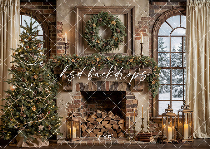 Citrus Hearth Christmas photography backdrop with a brick fireplace, decorated tree, evergreen garland with dried orange slices, candles, lanterns, and snowy window view for holiday portrait photography.