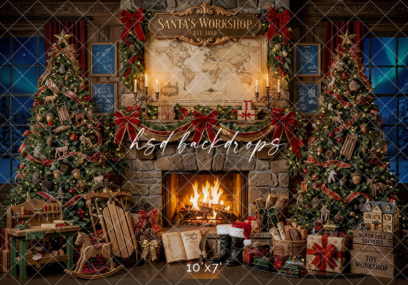 Toymaker Fireplace Photography Backdrop – Warm North Pole Portrait Scene | HSD Backdrops