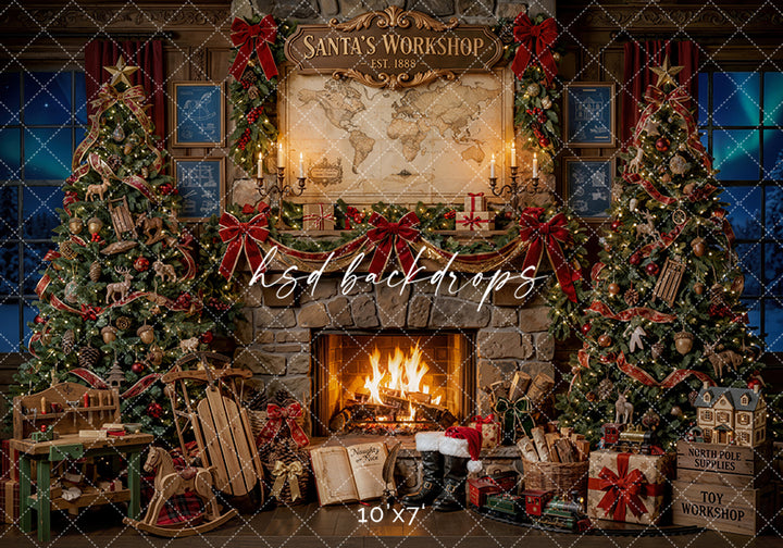 Toymaker Fireplace Photography Backdrop – Warm North Pole Portrait Scene | HSD Backdrops