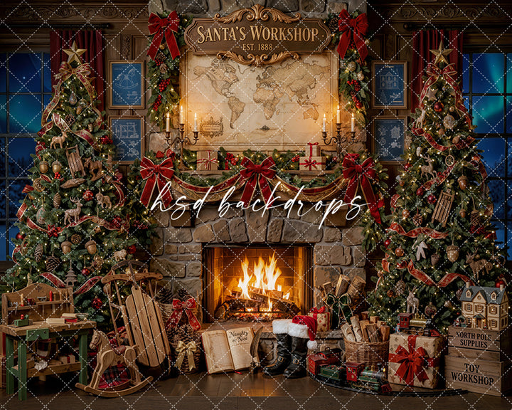 Toymaker Fireplace Photography Backdrop – Warm North Pole Portrait Scene | HSD Backdrops