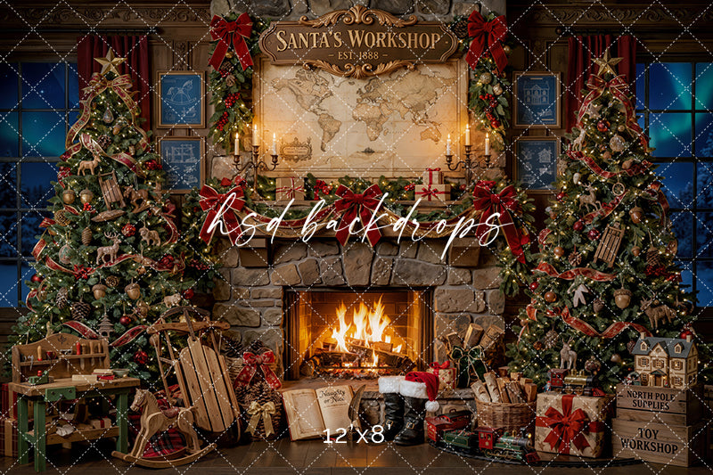 Toymaker Fireplace Photography Backdrop – Warm North Pole Portrait Scene | HSD Backdrops