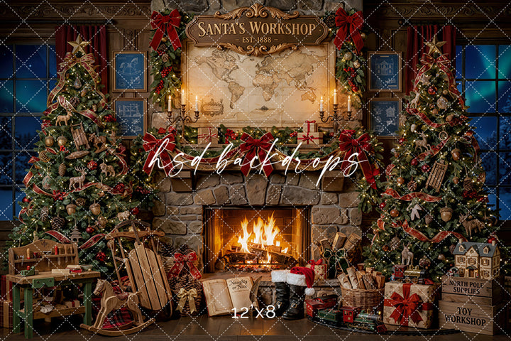 Toymaker Fireplace Photography Backdrop – Warm North Pole Portrait Scene | HSD Backdrops