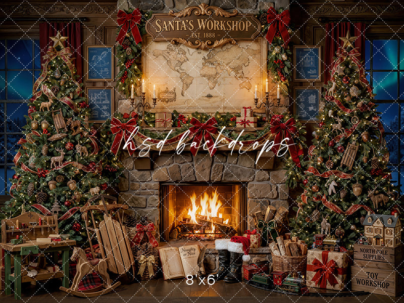Toymaker Fireplace Photography Backdrop – Warm North Pole Portrait Scene | HSD Backdrops