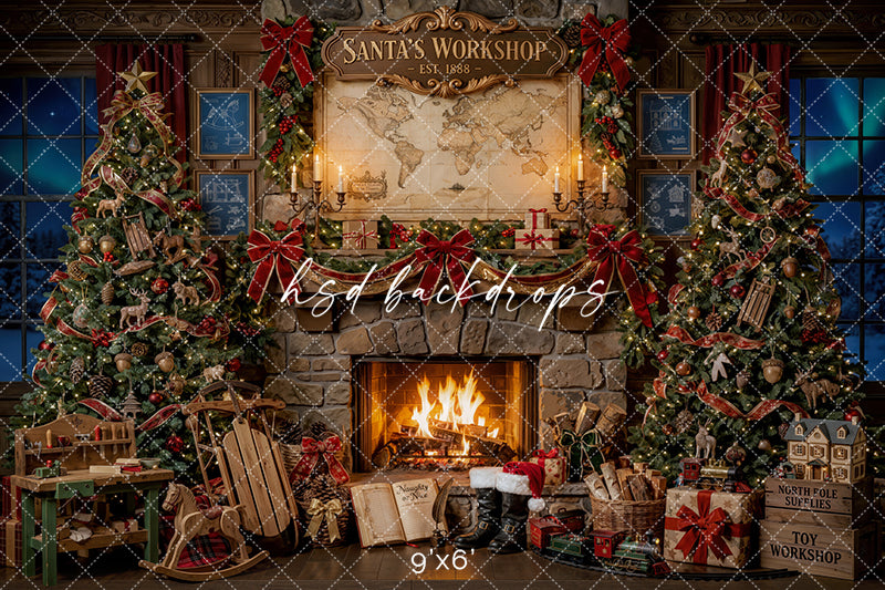Toymaker Fireplace Photography Backdrop – Warm North Pole Portrait Scene | HSD Backdrops