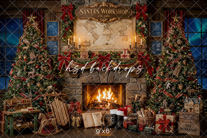 Toymaker Fireplace Photography Backdrop – Warm North Pole Portrait Scene | HSD Backdrops