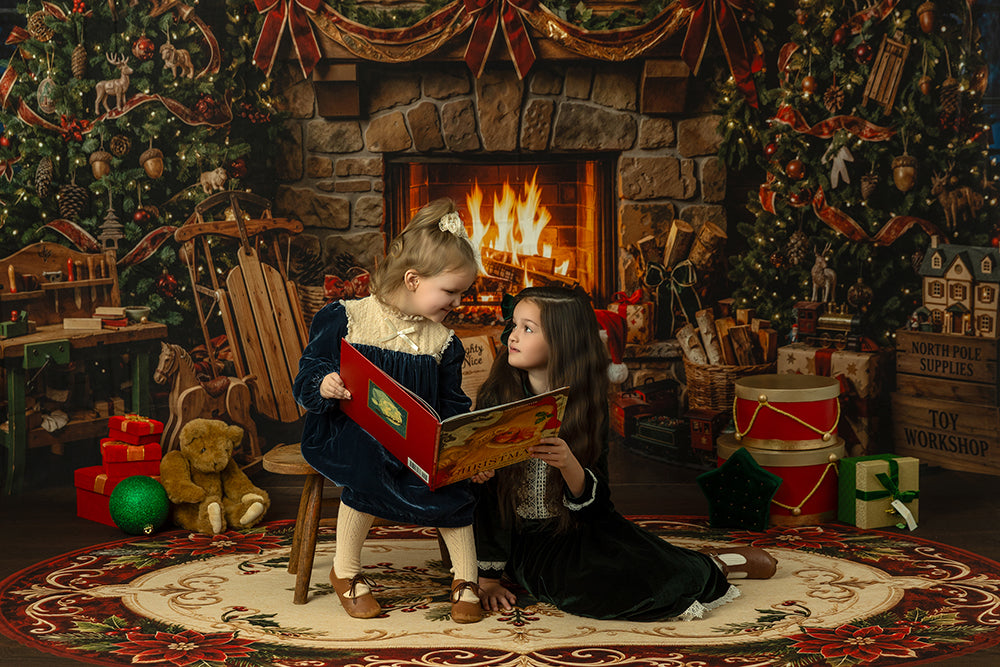 Vintage Santa’s Workshop Christmas backdrop with stone fireplace, holiday greenery, toy-filled shelves, sled, teddy bears, wrapped gifts, and warm festive studio styling.