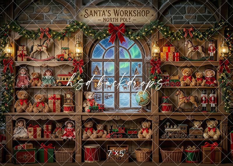 Workshop Window Toy photography backdrop with toy shelves, teddy bears, dolls, trains, rocking horses, glowing lanterns, wrapped gifts, and a snowy North Pole window view for holiday portrait photography.