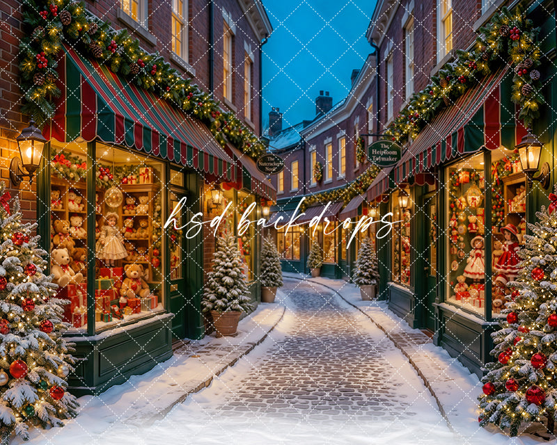 Toy Boutique Lane photography backdrop with festive toy shop storefronts, plaid awnings, snowy evergreens, glowing lanterns, toys, and a magical Christmas street scene for portrait photography.
