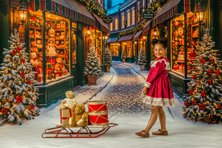 Holiday toy store village photography backdrop with warm Christmas shop windows, snowy street scene, red and gold decorations, teddy bears, toys, and cozy winter portrait details.